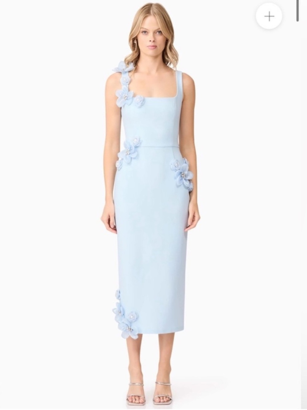 elliatt chantelle blue 3d floral applique fitted midi spring dress size Large